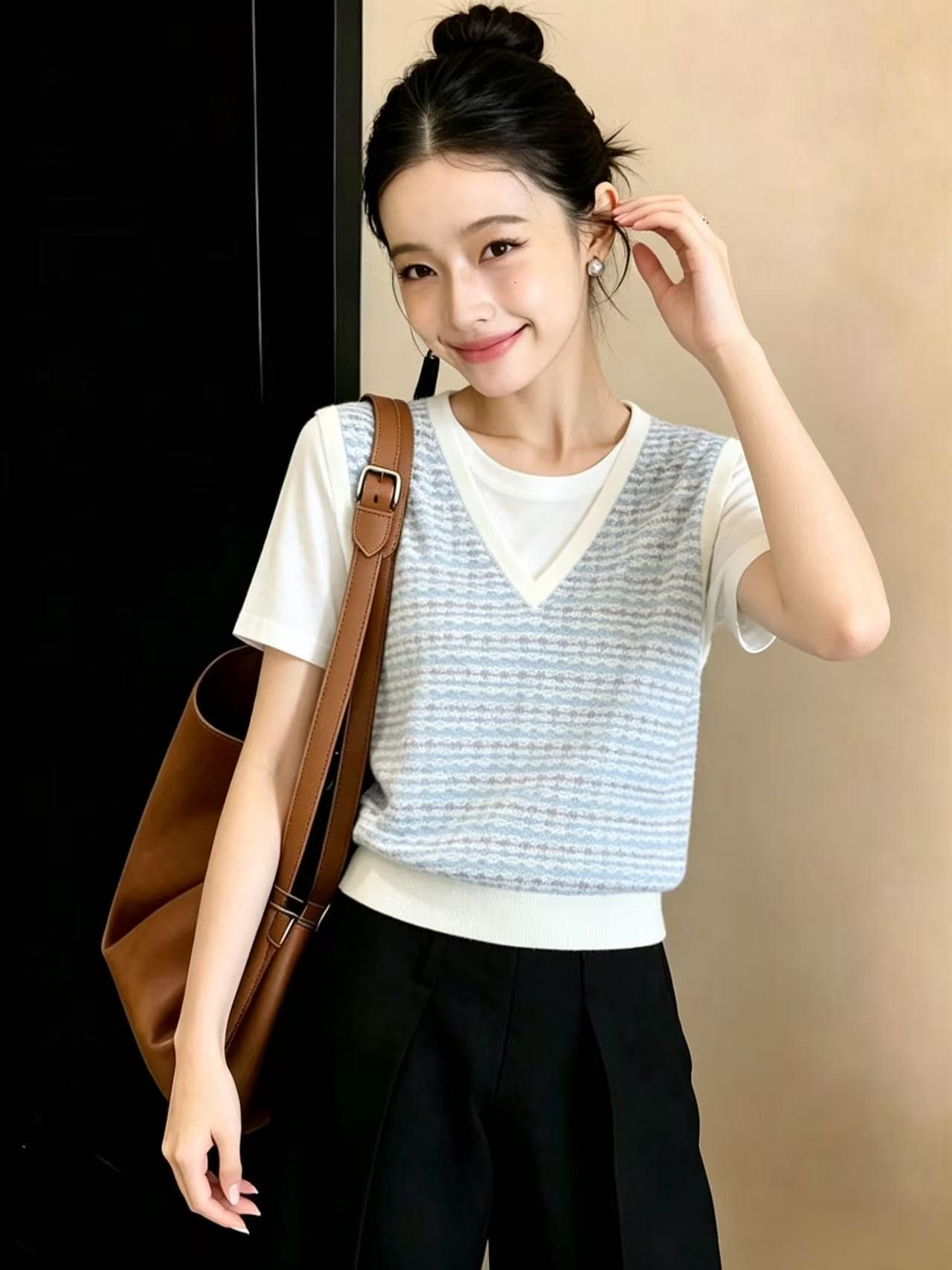 페이크 레이어드 반팔 T 여성 2026 여름 새로운 디자인 센스 스트라이프 패치워크 작은 샤넬 스타일 다용도 맨위 여성 상세 이미지 1