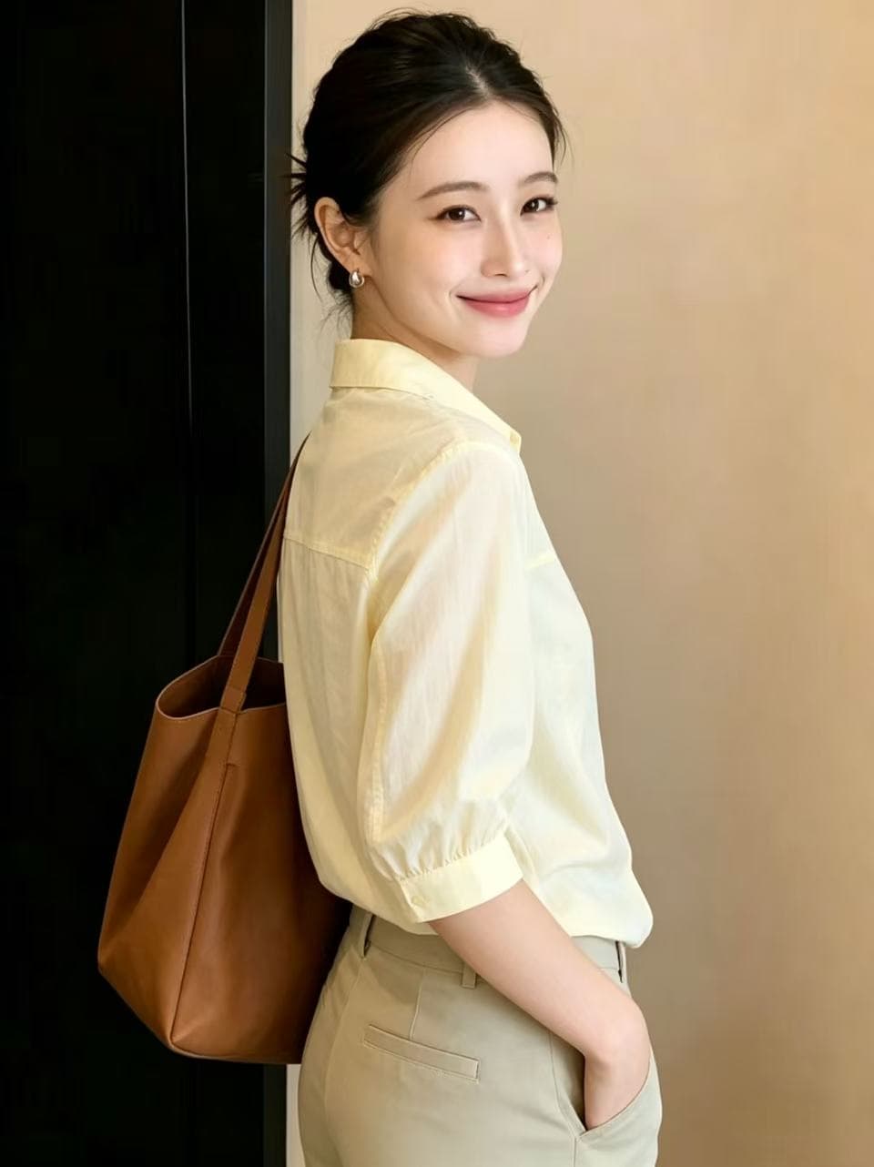 순면 자수 여성 셔츠 2026 여름 새로운 7부 소매 황색 폴로 칼라 셔츠 캐주얼 루즈핏 맨위 여성 이미지 2