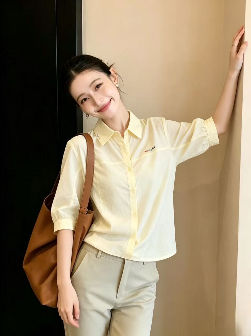 순면 자수 여성 셔츠 2026 여름 새로운 7부 소매 황색 폴로 칼라 셔츠 캐주얼 루즈핏 맨위 여성 이미지 3