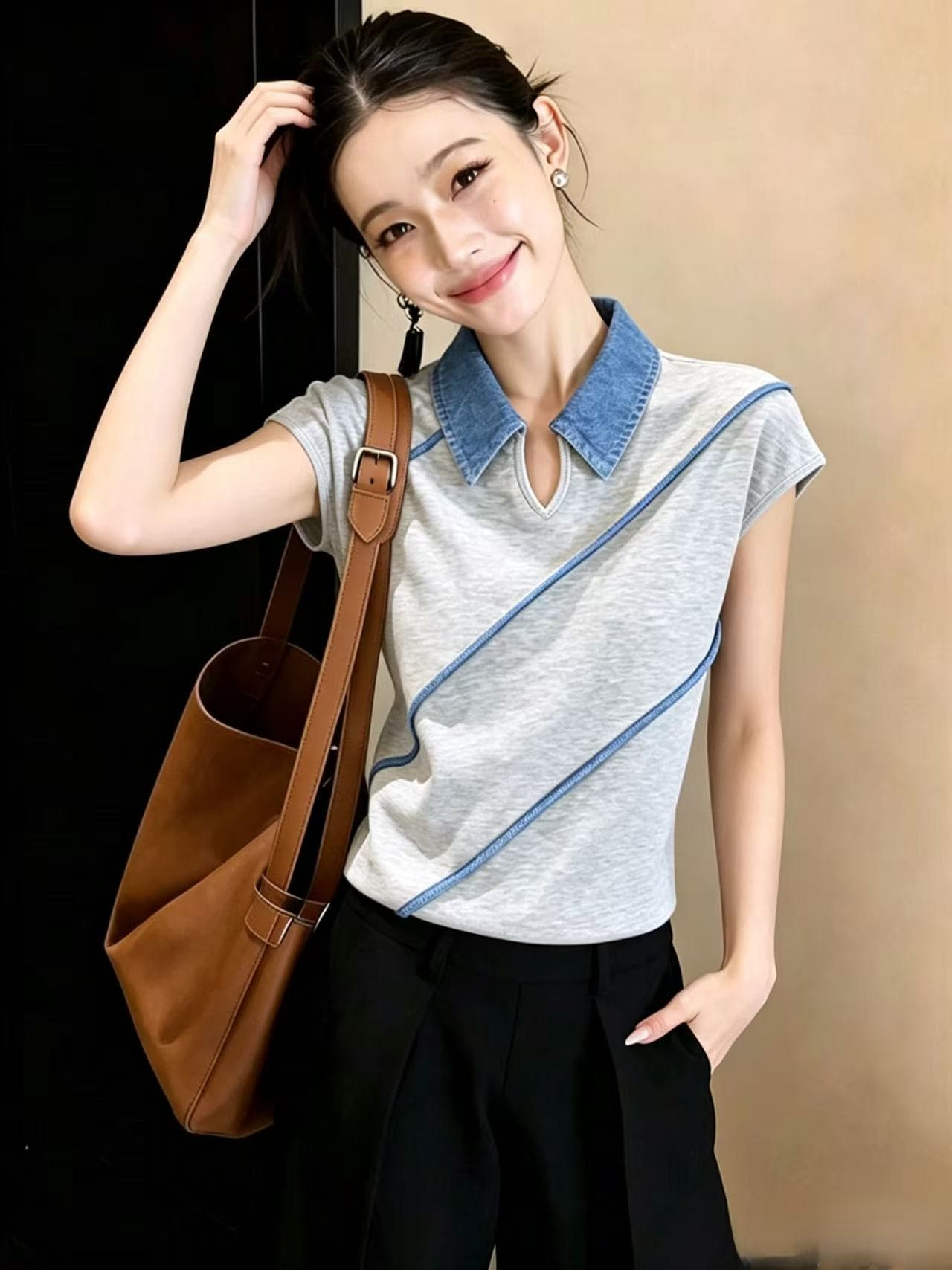 회색 배색 폴로 칼라 반팔 맨위 여성 2026 년 여름 새로운 작은 대중 풀오버 유럽 상품 레트로 패치워크 맨위 상세 이미지 1