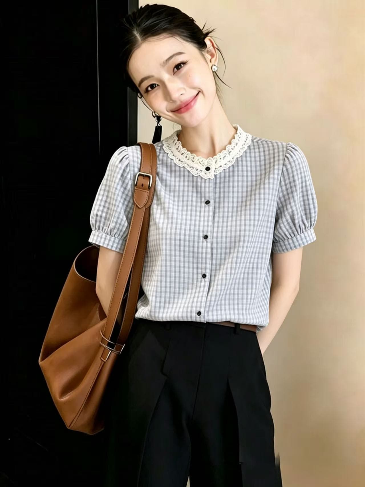 레이스 칼라 체크무늬 반팔 여성 셔츠 26 여름 드레스 새로운 문예 소녀 레이스 조각 분위기 센스 프랑스식 맨위 상세 이미지 2
