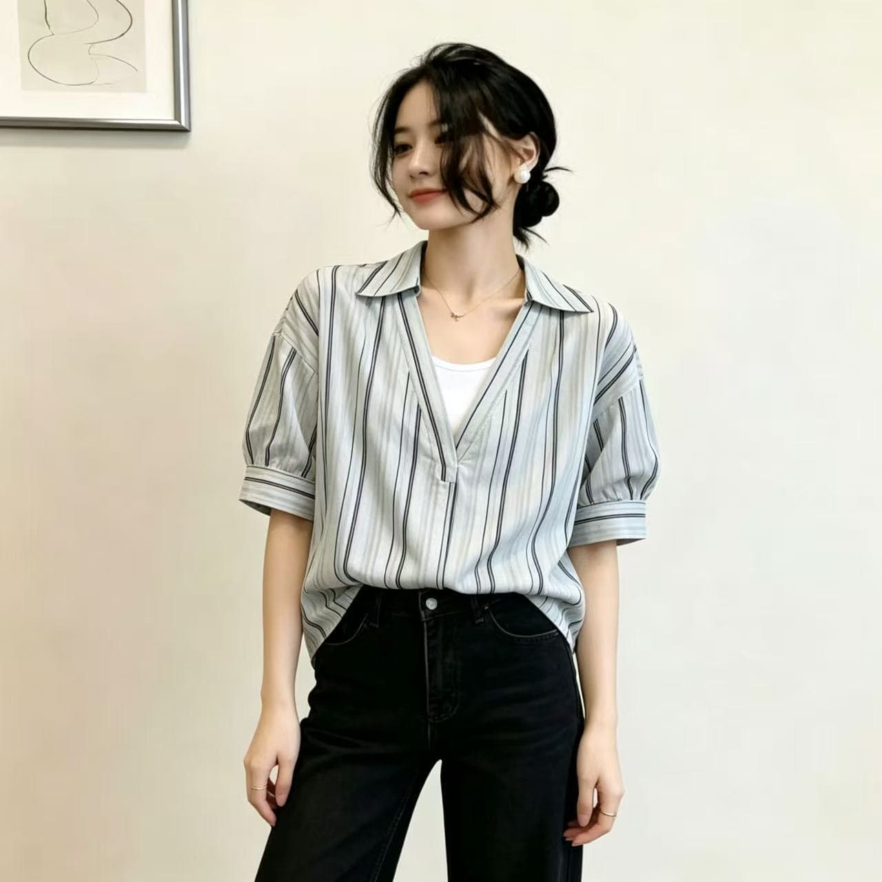 블루 스트라이프 폴로 칼라 반팔 여성 셔츠 2026 여름 새로운 디자인 센스 페이크 레이어드 V넥 셔츠 반소매 맨위 상세 이미지 3