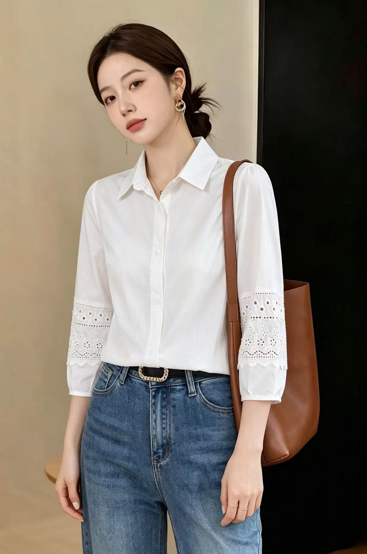 2026 이른 가을 새로운 POLO 칼라 화이트 셔츠 프랑스식 외국 가스 레이스 패치워크 고유 한 Chic 7부 소매 셔츠 상세 이미지 3