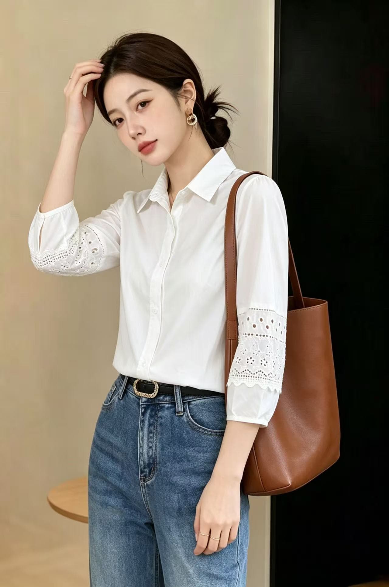2026 이른 가을 새로운 POLO 칼라 화이트 셔츠 프랑스식 외국 가스 레이스 패치워크 고유 한 Chic 7부 소매 셔츠 상세 이미지 4