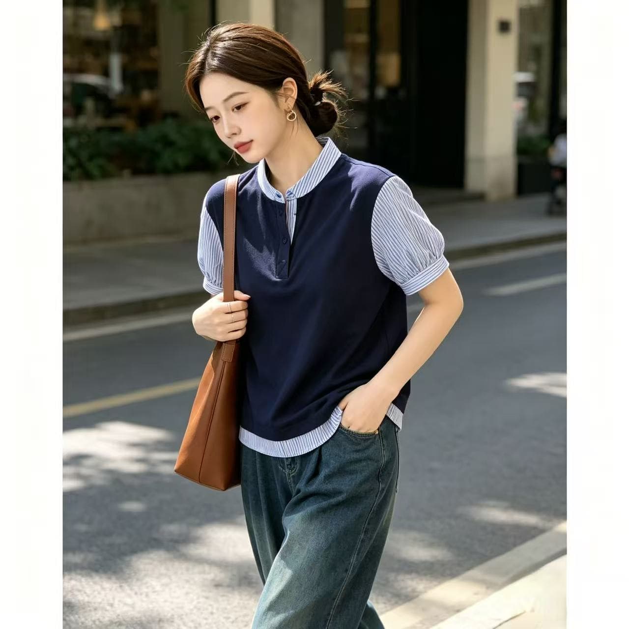 스트라이프 스탠드 칼라 패치워크 페이크 레이어드 여성 셔츠 2026 이른 가을 새로운 배색 유럽 상품 레트로 고급 센스 맨위 상세 이미지 4