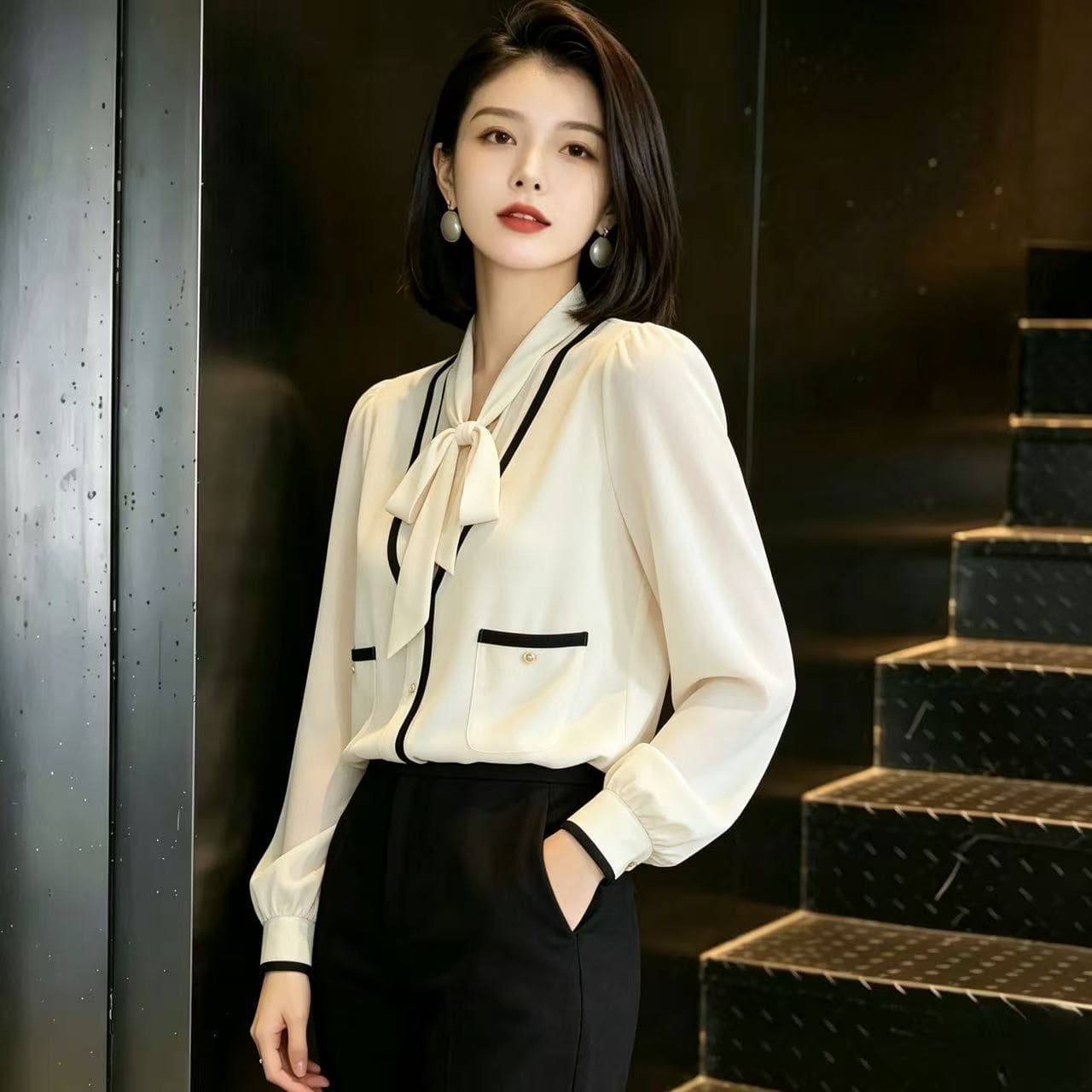 V넥 긴팔 여성 셔츠 2026 가을 의상 새로운 품격 미니멀리즘 풀오버 슬림해 보이는 프랑스식 페이크 레이어드 레이스업 맨위 상세 이미지 1