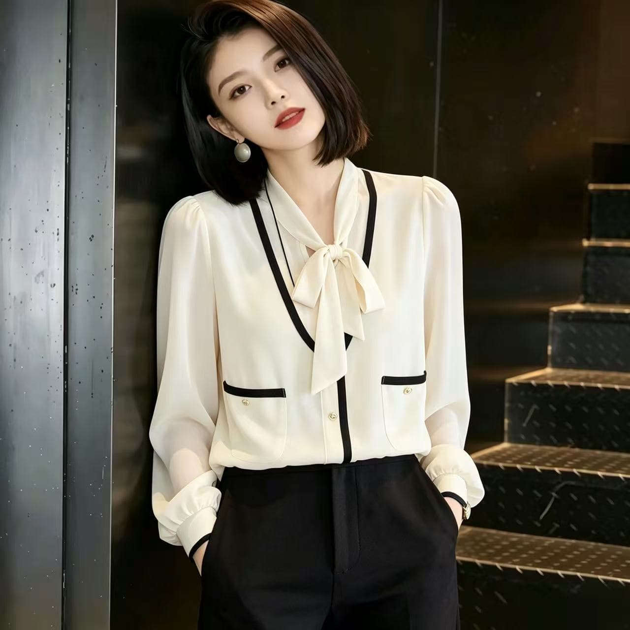 V넥 긴팔 여성 셔츠 2026 가을 의상 새로운 품격 미니멀리즘 풀오버 슬림해 보이는 프랑스식 페이크 레이어드 레이스업 맨위 상세 이미지 3