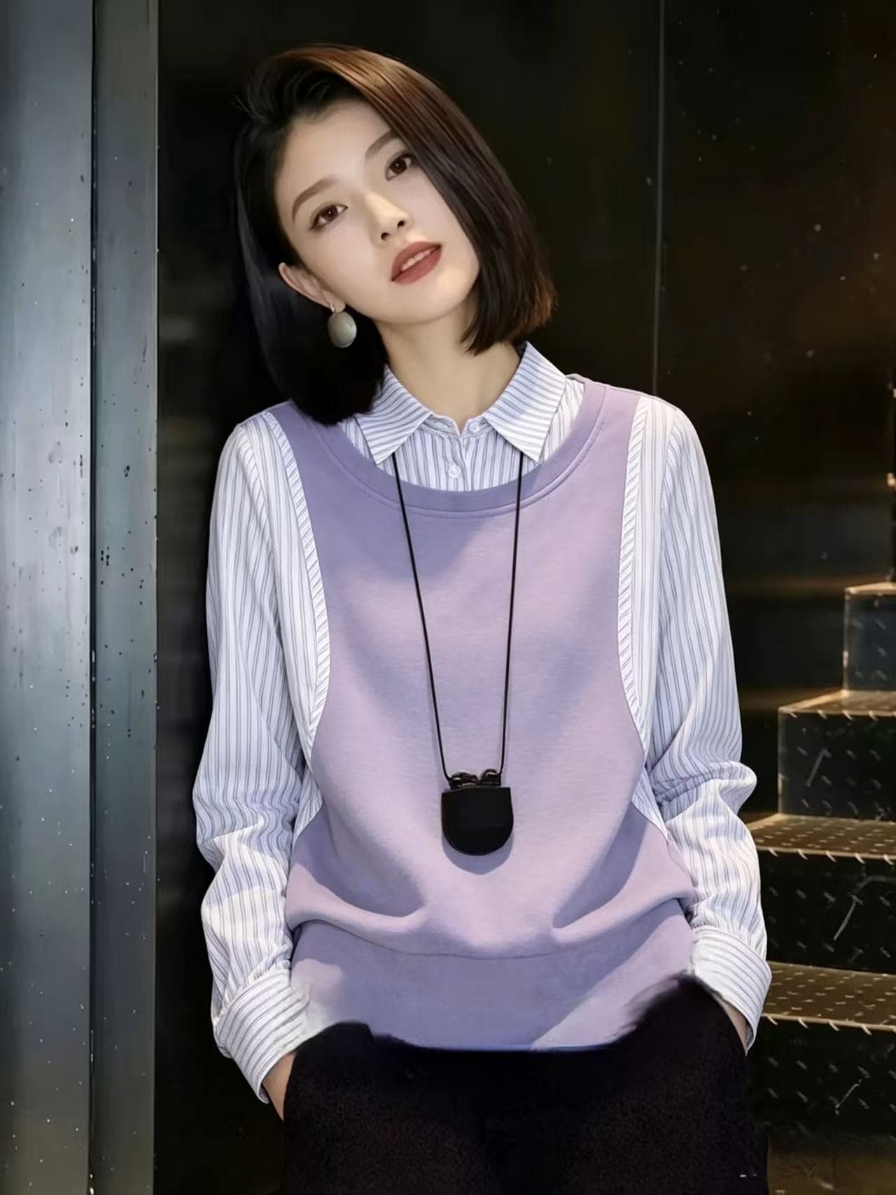 프랑스식 스트라이프 페이크 레이어드 긴팔 셔츠 2026 가을 의상 새로운 Chic 니트 스웨터 맨위 외국 가스 보라색 후드티 상세 이미지 4
