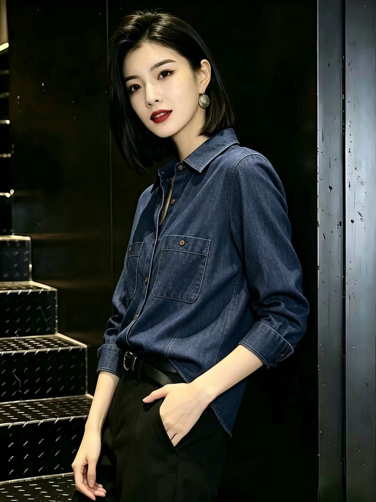 진한 파란색 긍정적 인 어깨 레트로 긴팔 여성 셔츠 2026 가을 의상 새로운 루즈핏 슬림해 보이는 폴로 칼라 캐주얼 데님 셔츠 이미지 3