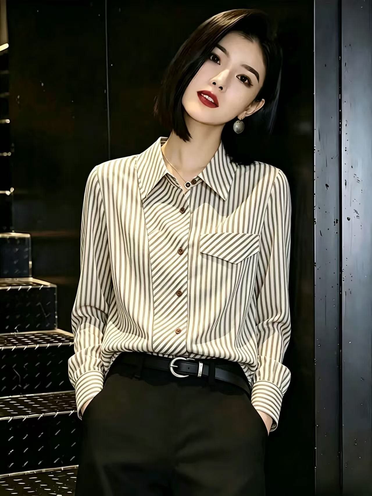프랑스식 디자인 센스 루즈핏 스트라이프 긴팔 여성 셔츠 2026 가을 의상 새로운 출퇴근 미니멀리즘 품격 맨위