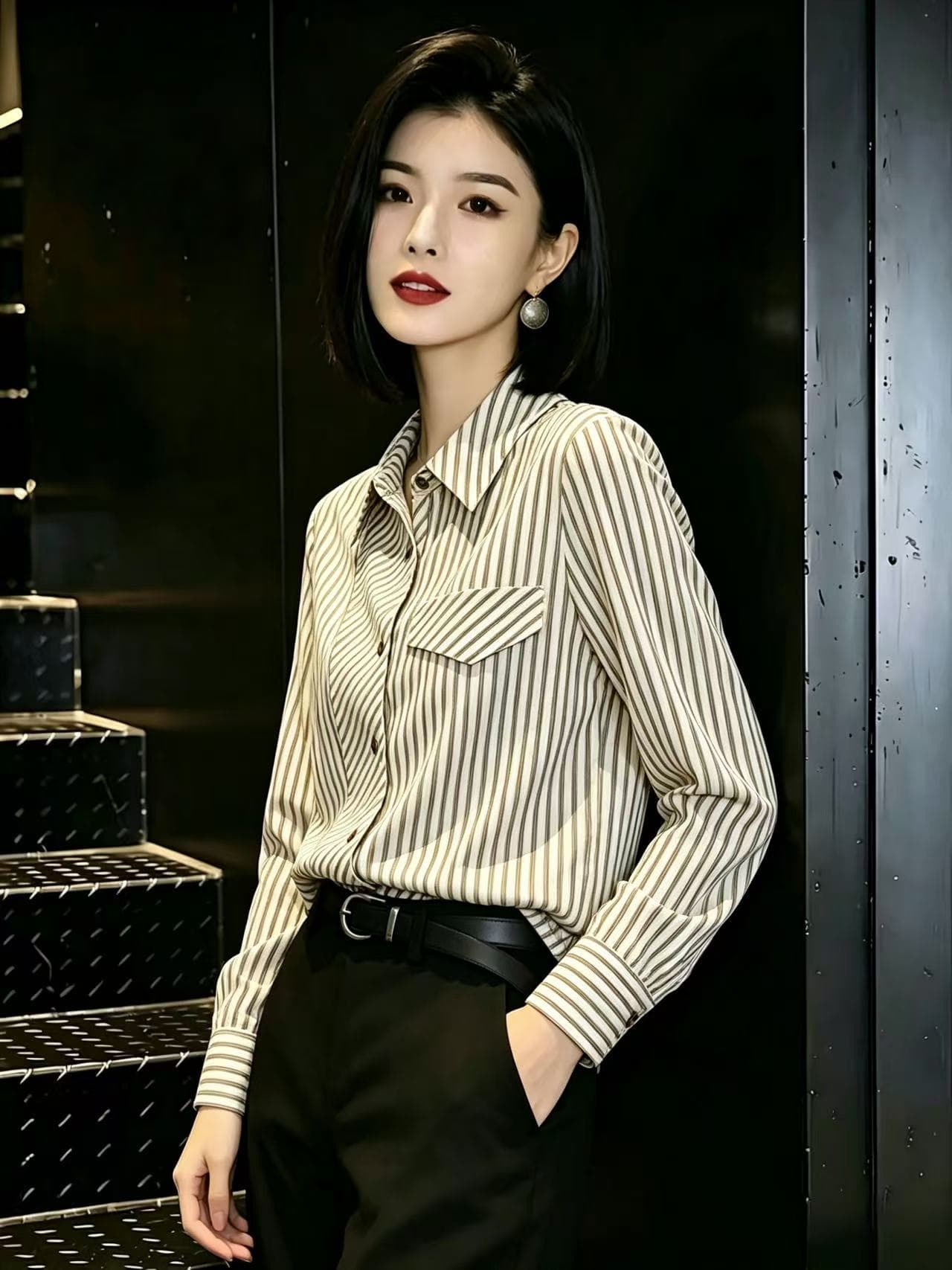 프랑스식 디자인 센스 루즈핏 스트라이프 긴팔 여성 셔츠 2026 가을 의상 새로운 출퇴근 미니멀리즘 품격 맨위 이미지 4