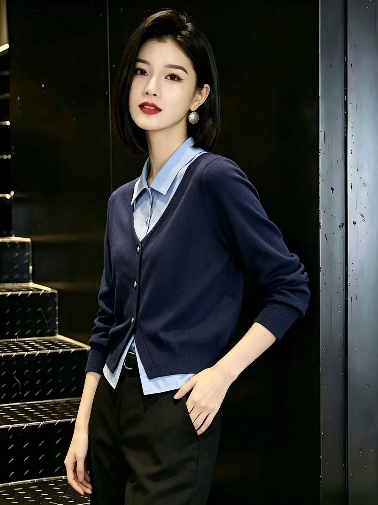 학원 스타일 페이크 레이어드 스트라이프 POLO 칼라 여성 셔츠 2026 가을 의상 새로운 스택 착용 여성 긴팔 맨위 이미지 3