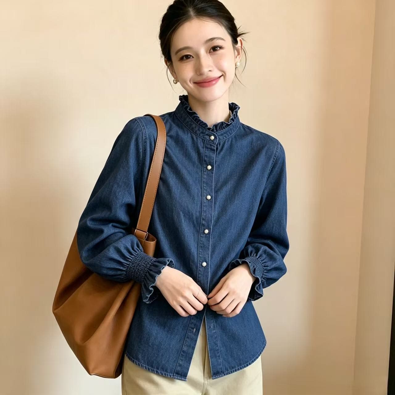프랑스식 품격 레이스 칼라 데님 여성 셔츠 2026 가을 의상 새로운 풀오버 레트로 다용도 파란색 긍정적 인 어깨 의류 이미지 2