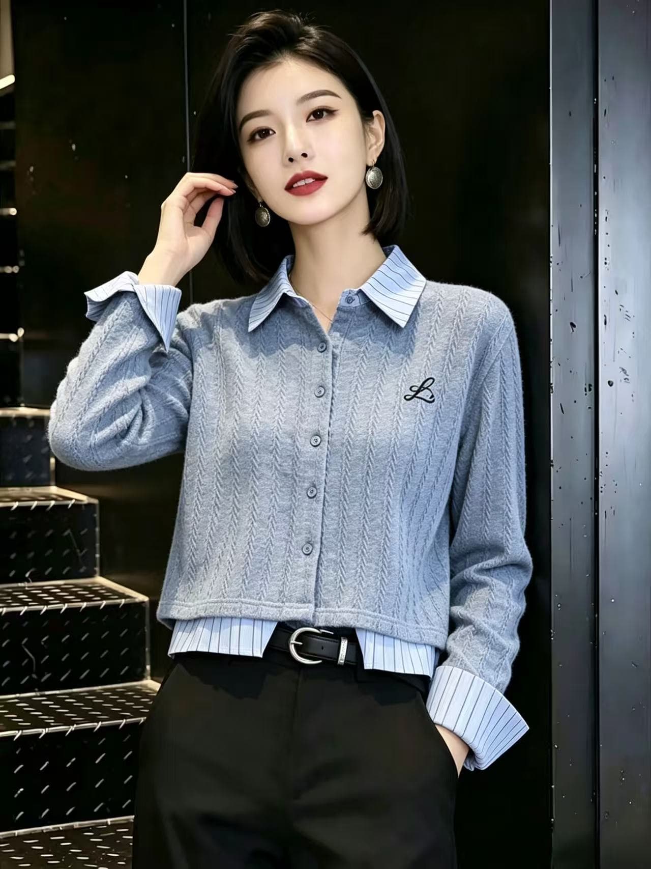 가을 착용 가져 가라. 회색 POLO 칼라 니트 스웨터 여성 2026 새로운 스트라이프 패치워크 페이크 레이어드 긴팔 맨위 여성 이미지 2