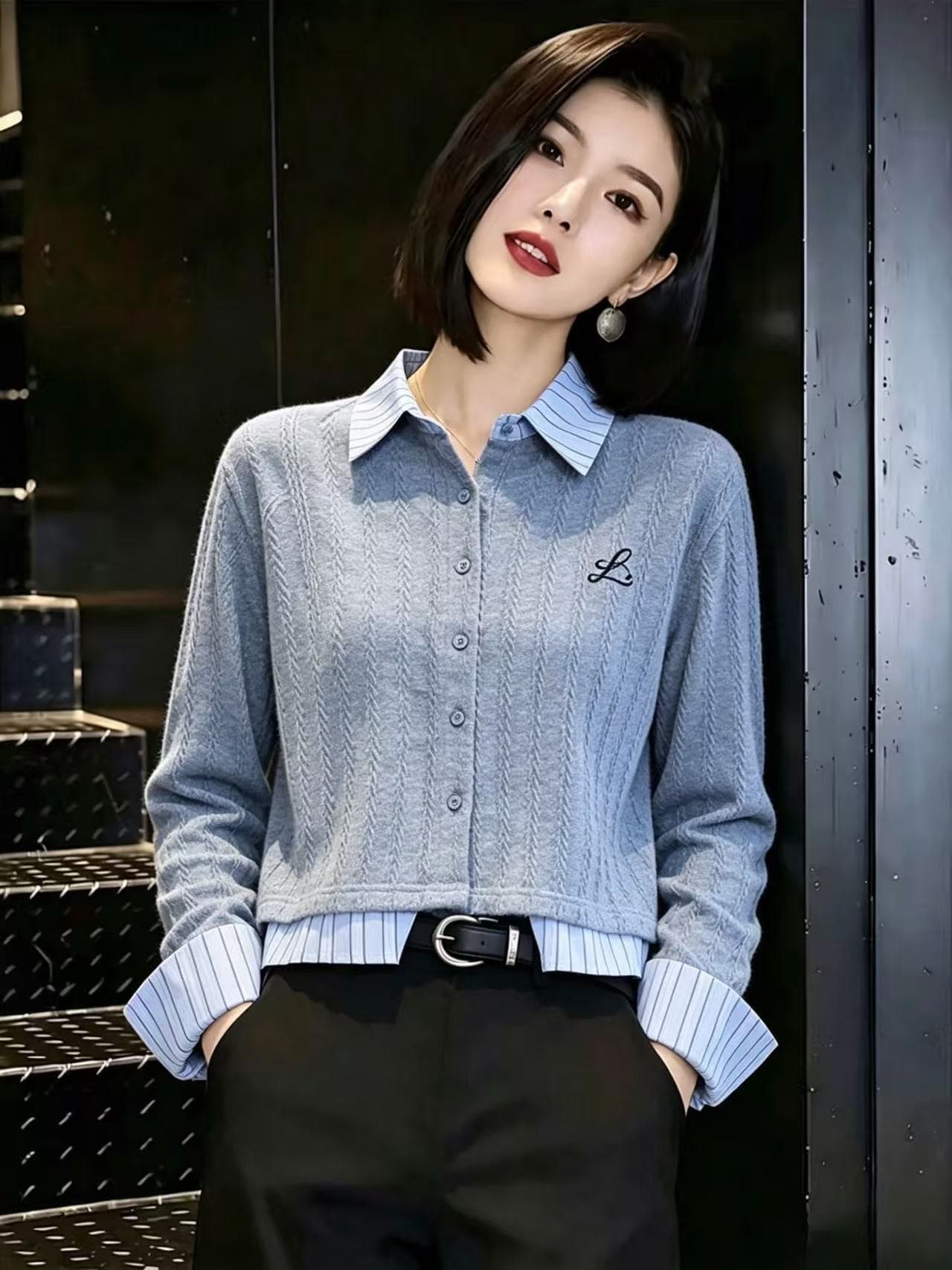 가을 착용 가져 가라. 회색 POLO 칼라 니트 스웨터 여성 2026 새로운 스트라이프 패치워크 페이크 레이어드 긴팔 맨위 여성 상세 이미지 4