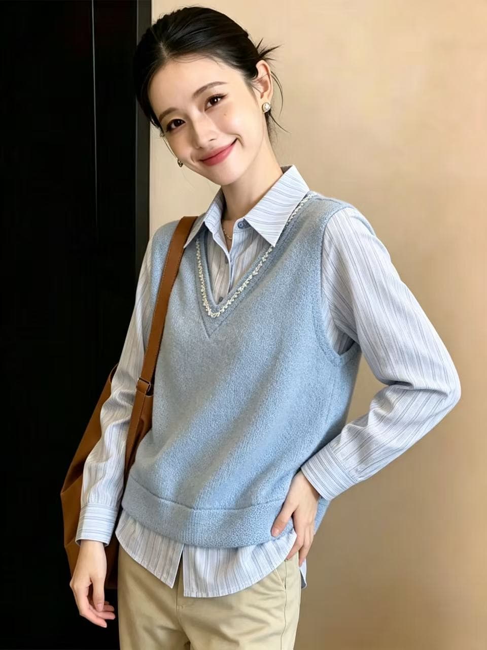 한 스타일 다용도 페이크 레이어드 여성 셔츠 2026 가을 의상 새로운 긴팔 스트라이프 패치워크 니트 출퇴근 풀오버 맨위 이미지 3