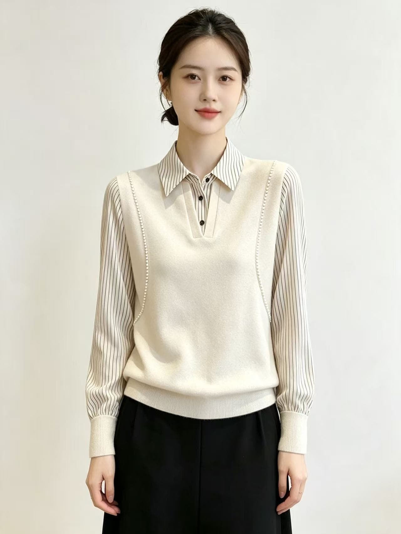 2026 년 가을 루즈핏 패션 다용도 스트라이프 패치워크 페이크 레이어드 한국 스타일 풀오버 품격 셔츠 맨위 여성 이미지 2