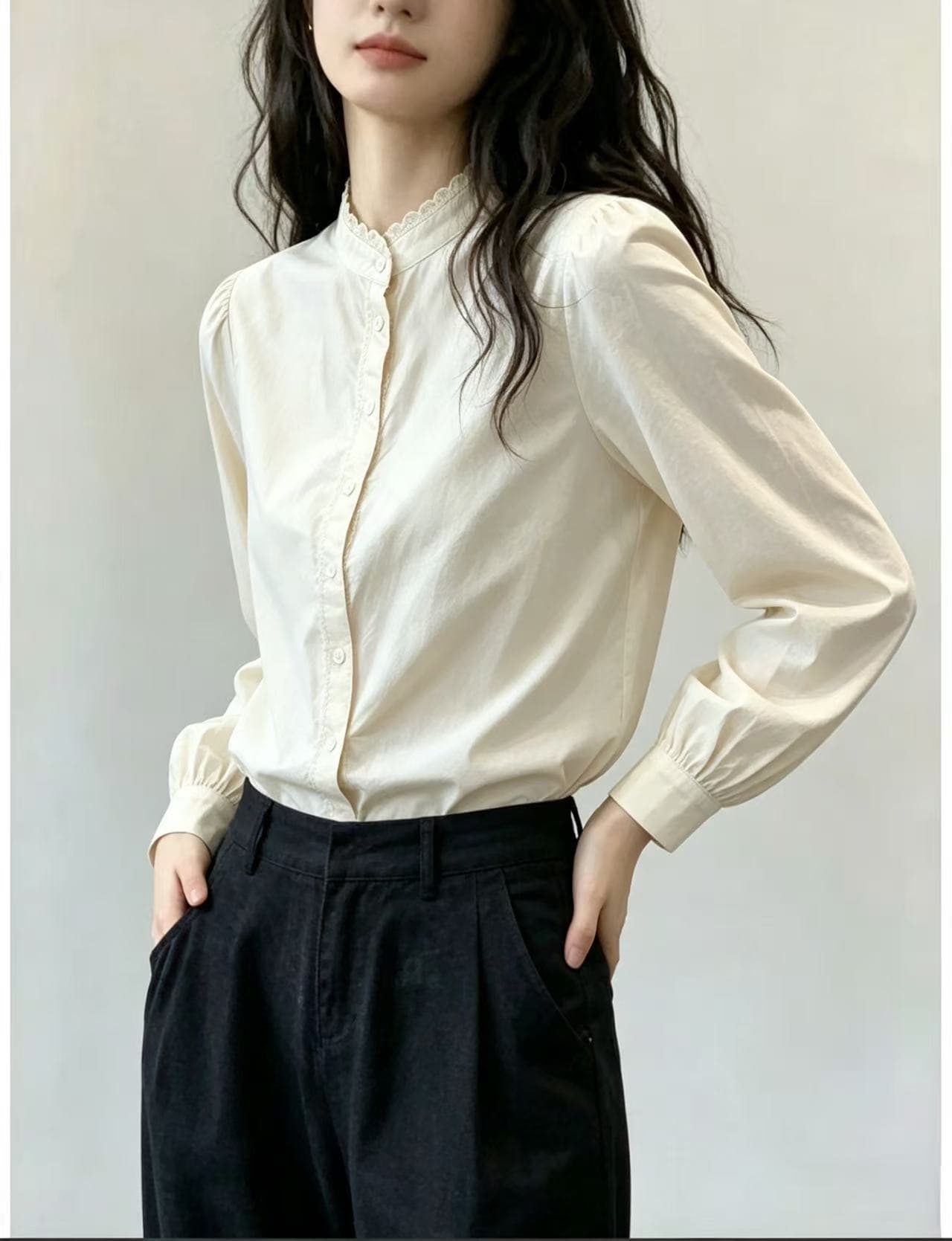 프랑스식 스탠드 칼라 레이스 긴팔 여성 셔츠 2026 가을 의상 새로운 출퇴근 순면 살구 색상 셔츠 맨위 이미지 2