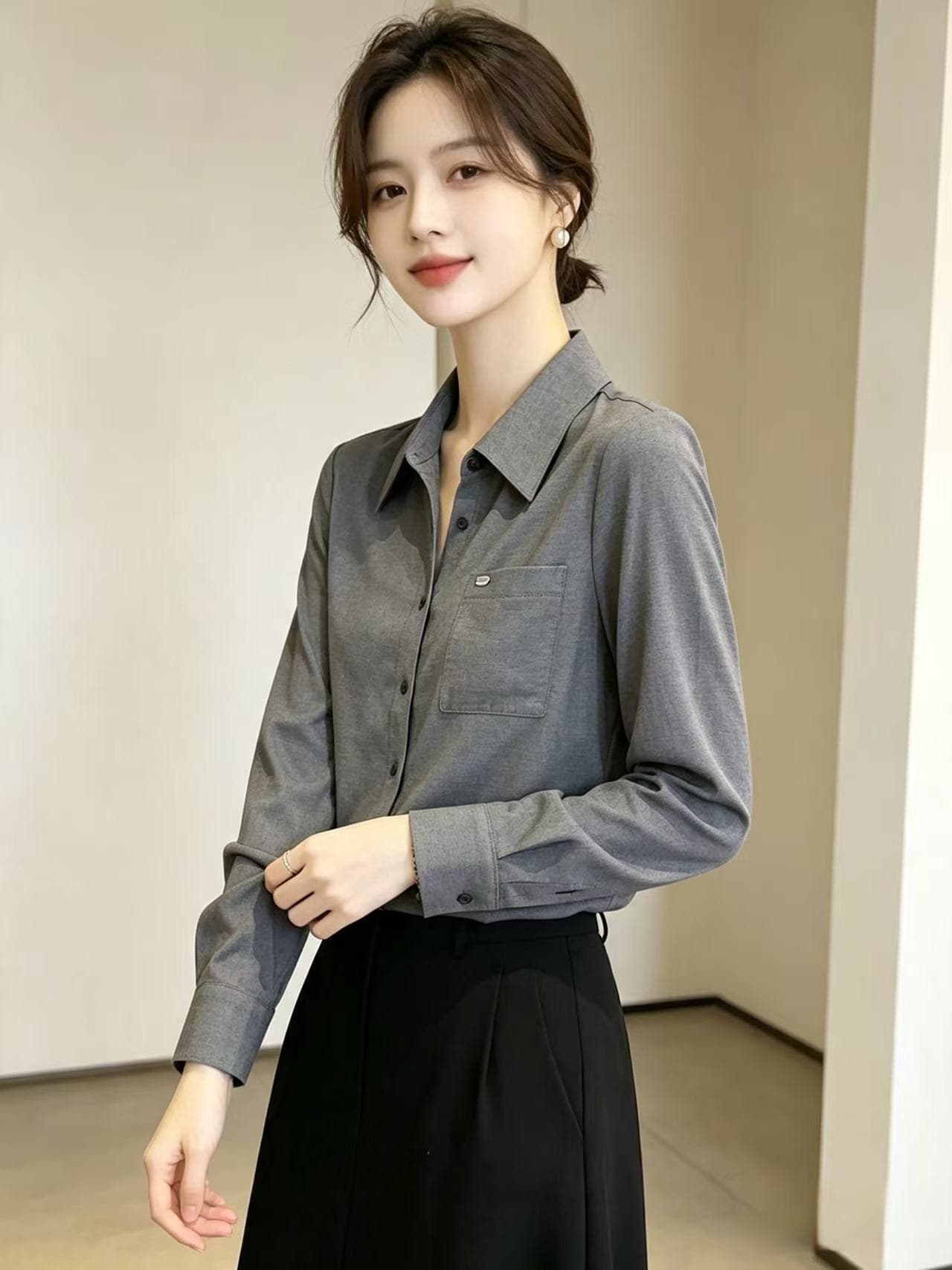 캐주얼 바람 회색 폴로 칼라 싱글 줄 버튼 긴팔 여성 셔츠 2026 가을 의상 새로운 고급 센스 품격 출퇴근 셔츠 상세 이미지 3
