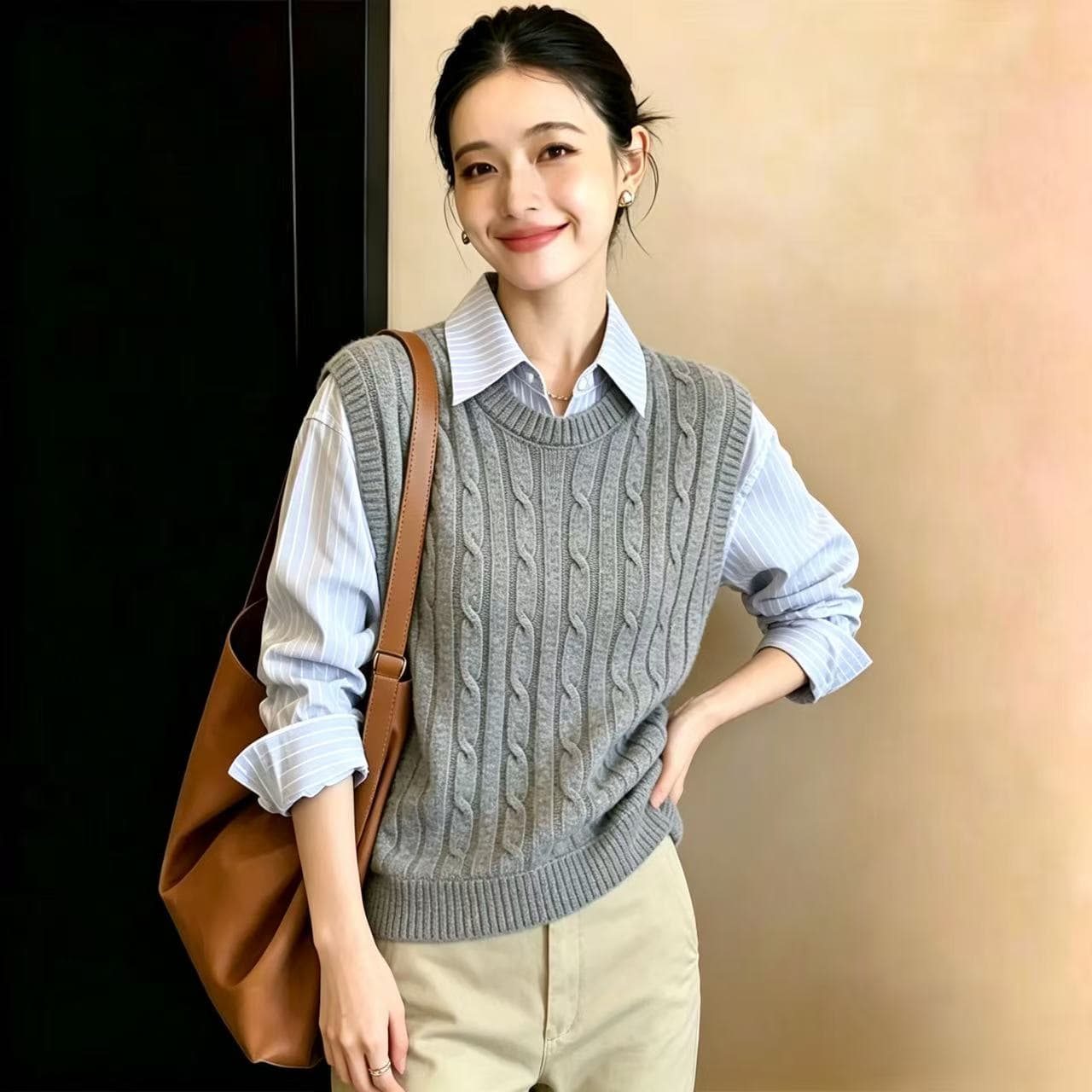 회색 POLO 칼라 페이크 레이어드 여성 셔츠 가을 2026 새로운 학원 스타일 풀오버 스트라이프 패치워크 패션 맨위 상세 이미지 3