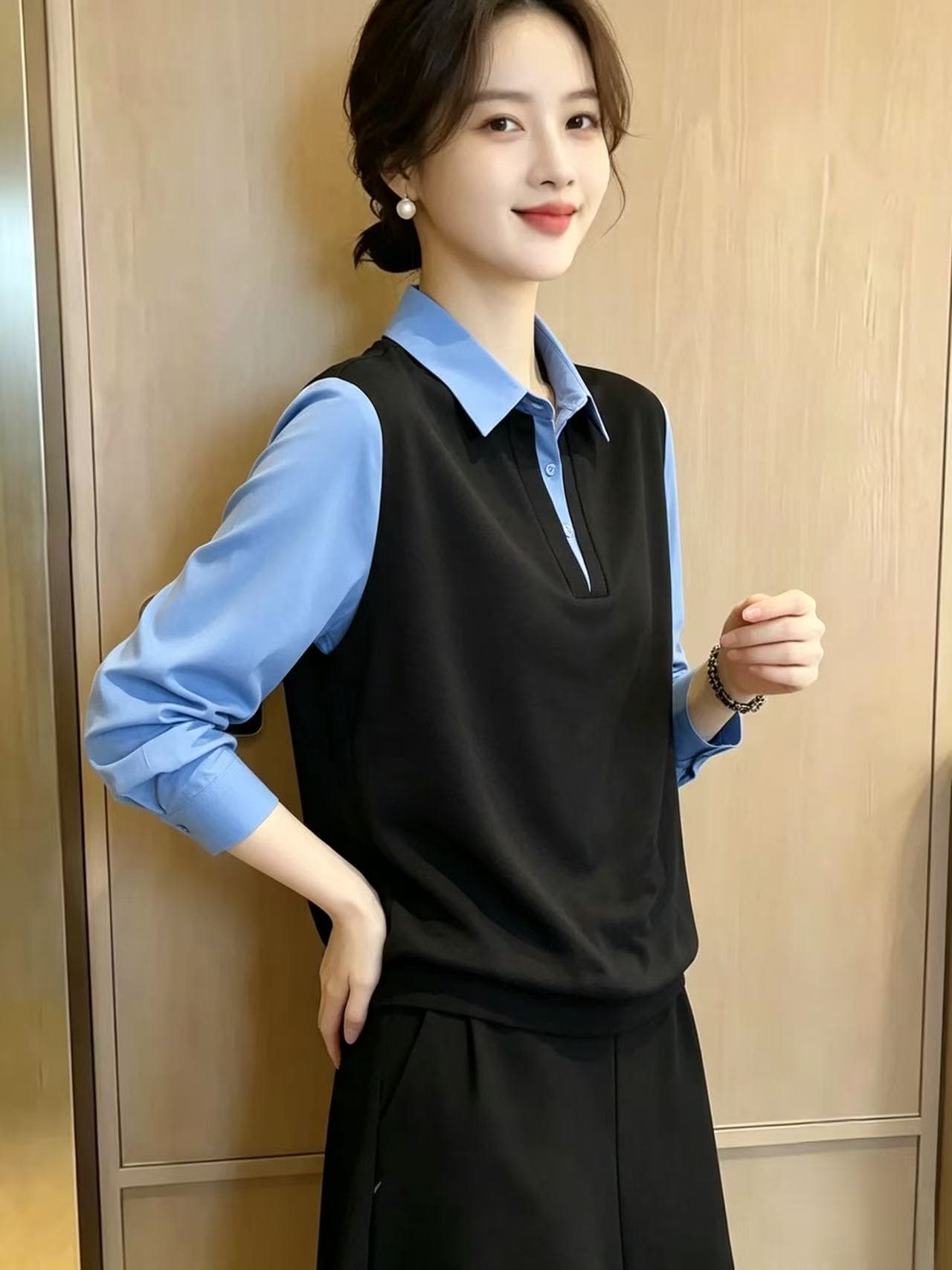 검정색 POLO 칼라 패치워크 페이크 레이어드 셔츠 긴팔 여성 2026 가을 새로운 작은 대중 연령 감소 풀오버 레트로 맨위 이미지 3