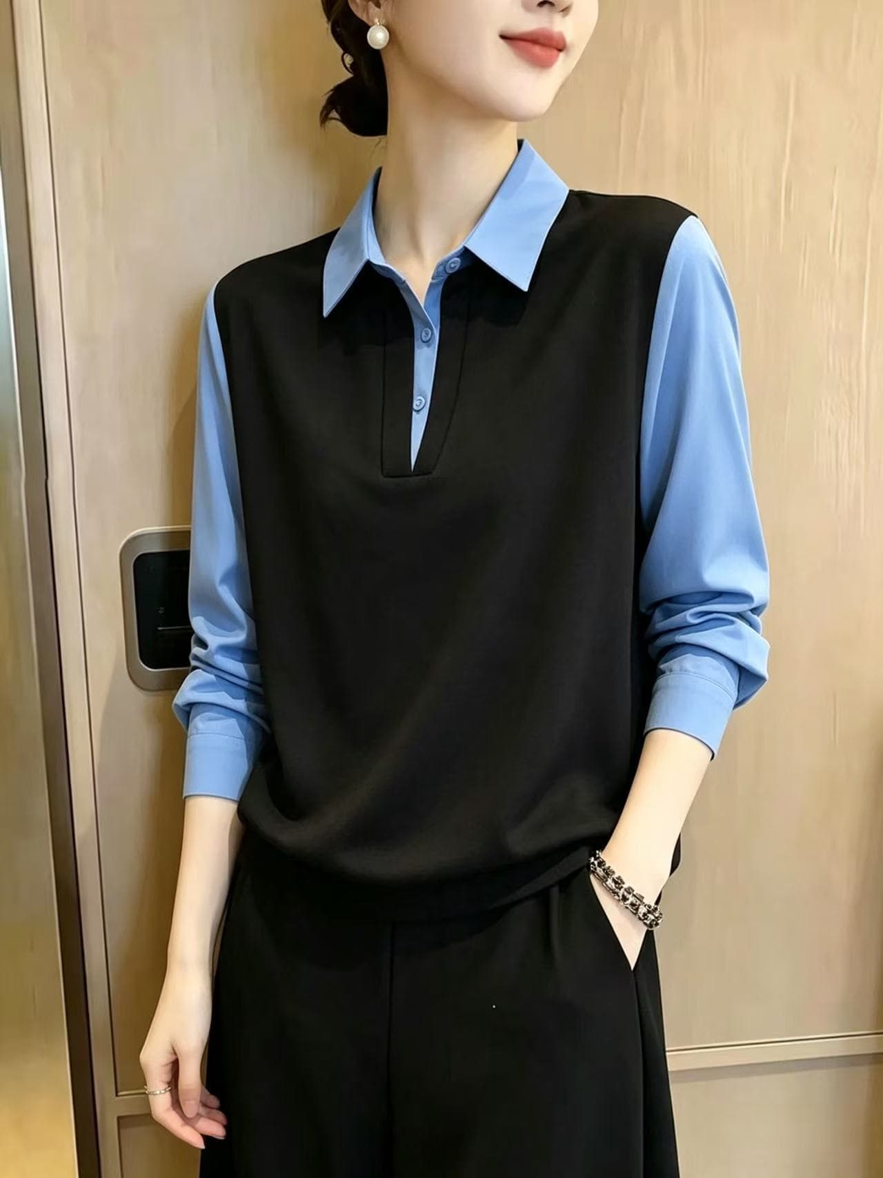 검정색 POLO 칼라 패치워크 페이크 레이어드 셔츠 긴팔 여성 2026 가을 새로운 작은 대중 연령 감소 풀오버 레트로 맨위 이미지 4