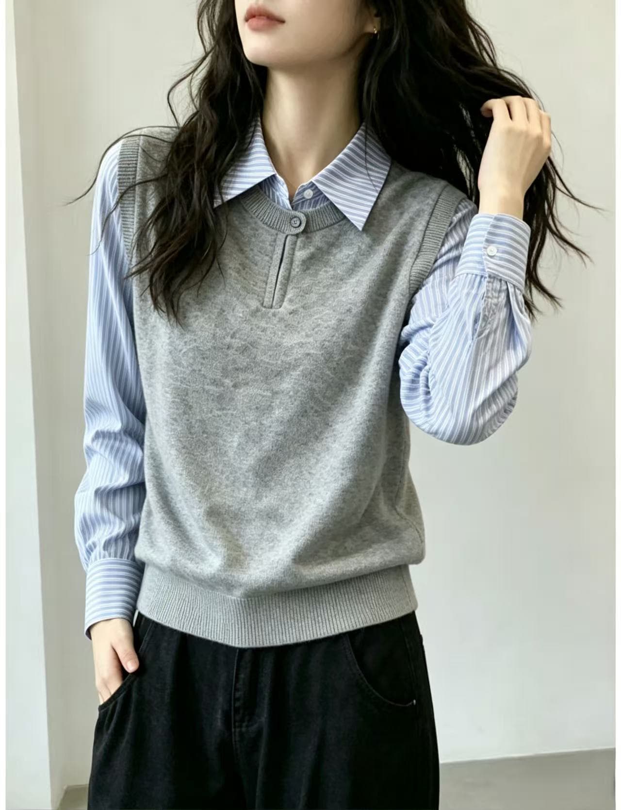 miu 부서 학원 스타일 출퇴근 스트라이프 셔츠 패치워크 페이크 레이어드 니트 스웨터 여성 2026 가을 의상 새로운 이미지 2