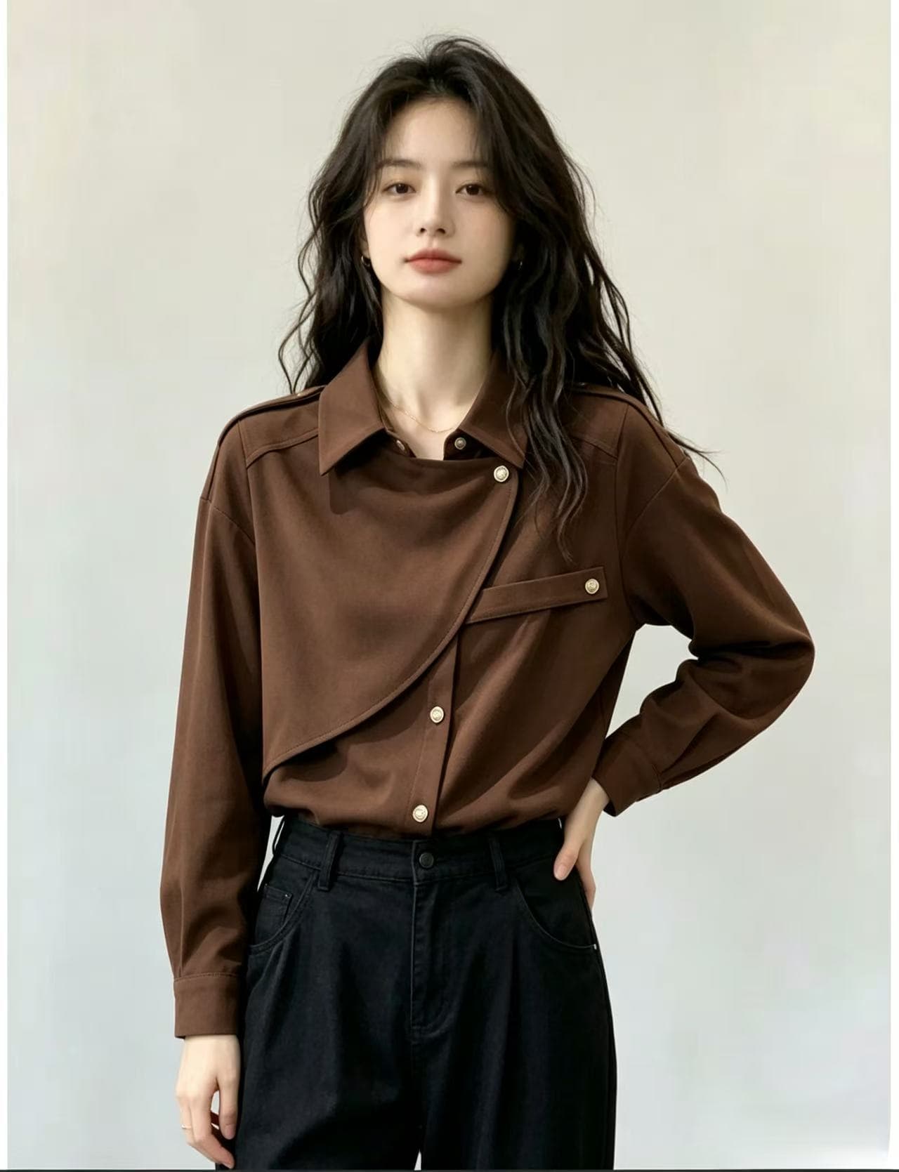 커피 색상 연삭 털 여성 셔츠 2026 가을 의상 새로운 디자인 센스 작은 대중 긴팔 셔츠 아름다움 라드. 착용 잡아라. 의류 이미지 2