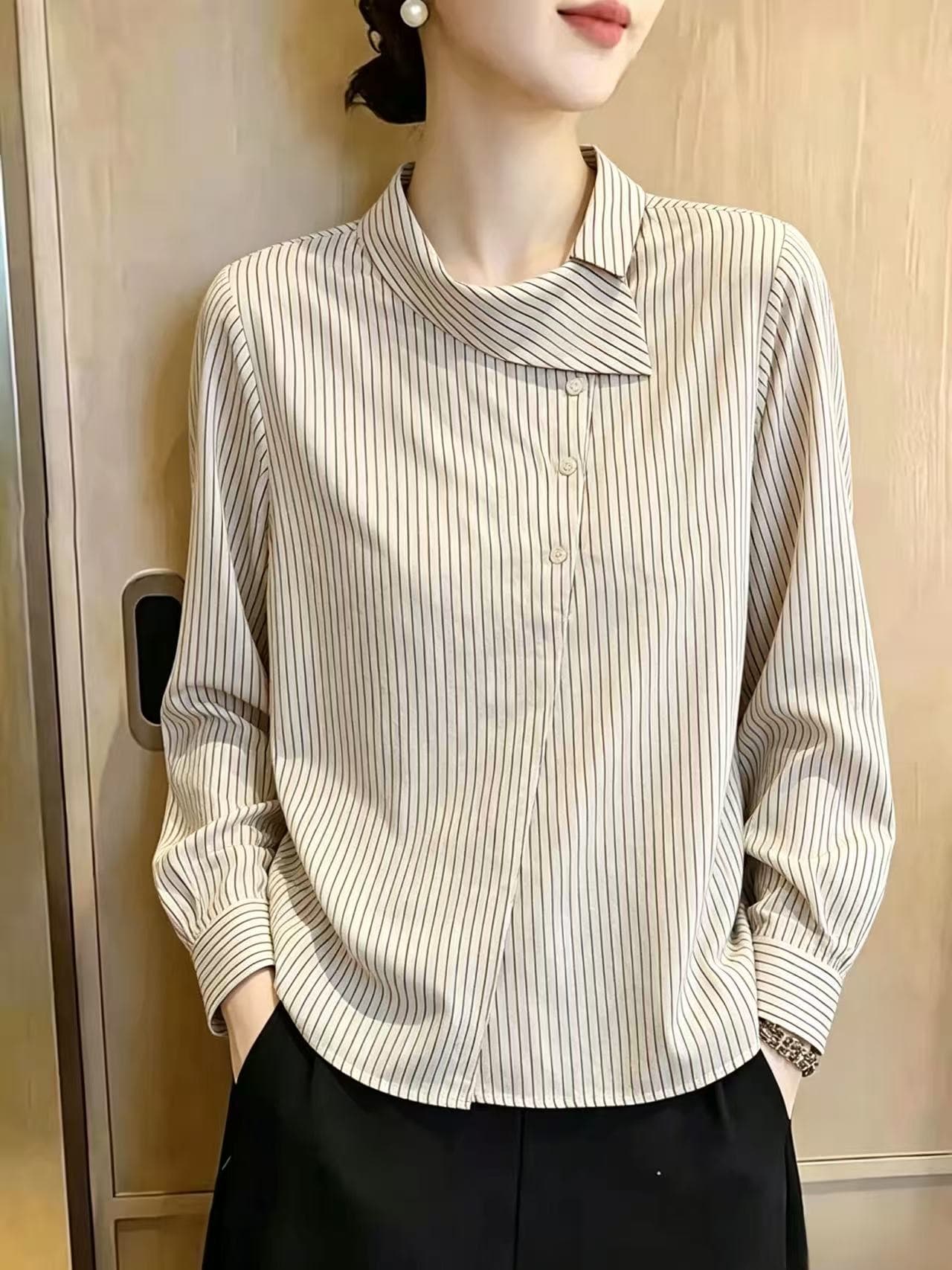 살구 색상 긴팔 셔츠 비스듬한 칼라 불규칙 폴로 칼라 세로 줄무늬 셔츠 루즈핏 미니멀리즘 출퇴근 캐주얼 맨위 작은 셔츠 상세 이미지 1