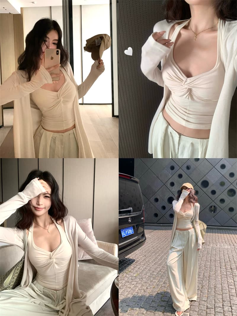 실사 정가 루즈핏 플리츠 슬림해 보이는 긴 바지 중간 길이 오픈 가디건 가을 어깨 긴팔 슬림해 보이는 얇은 스타일 태양 보호 셔츠 상세 이미지 18