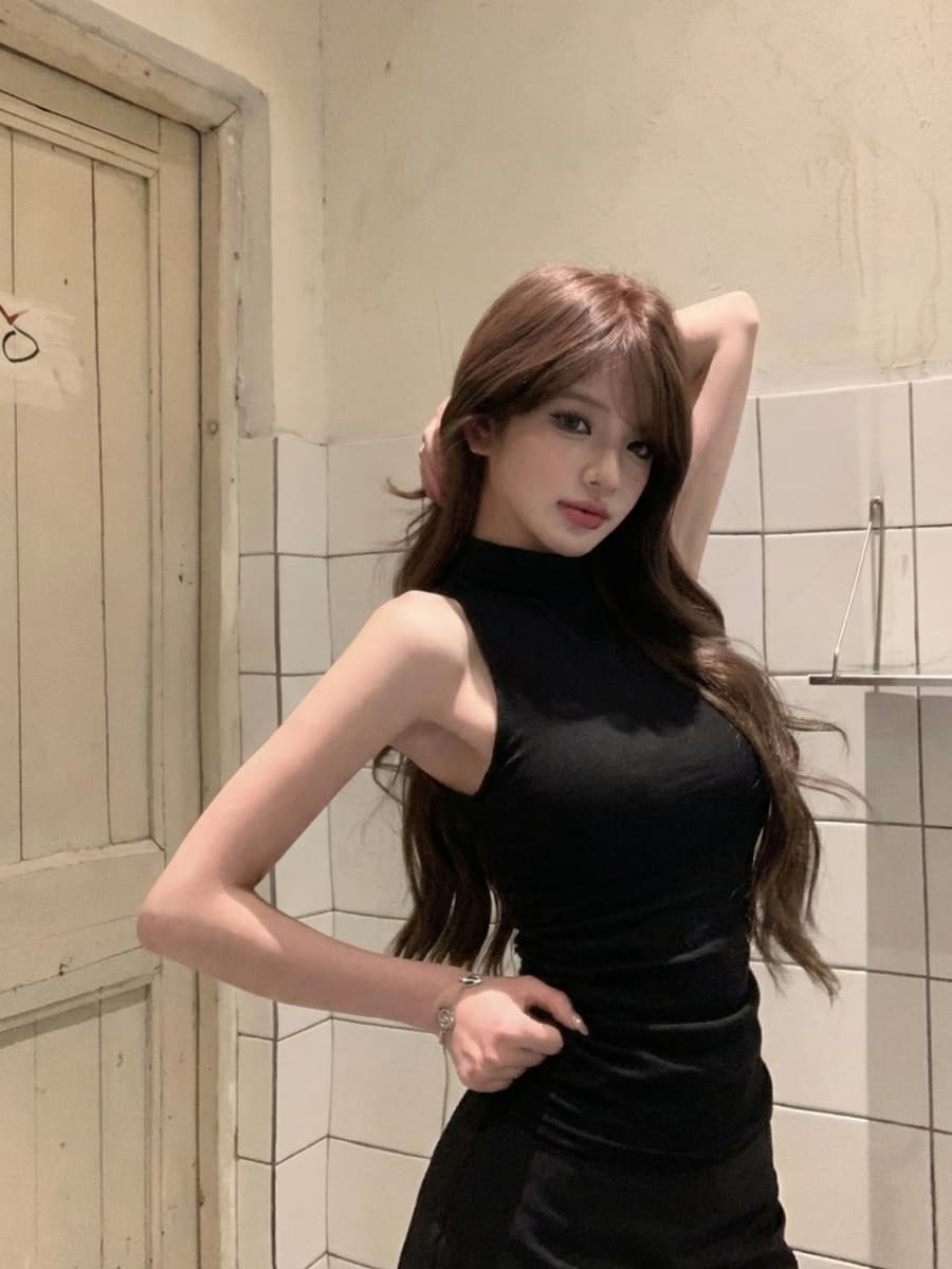 실사 정가 더블 색상 빛 아시아 인 하프 ~을 통해 허리 주름 장식 작은 터틀넥 민소매 조끼 슬림해 보이는 반신 스커트 상세 이미지 6