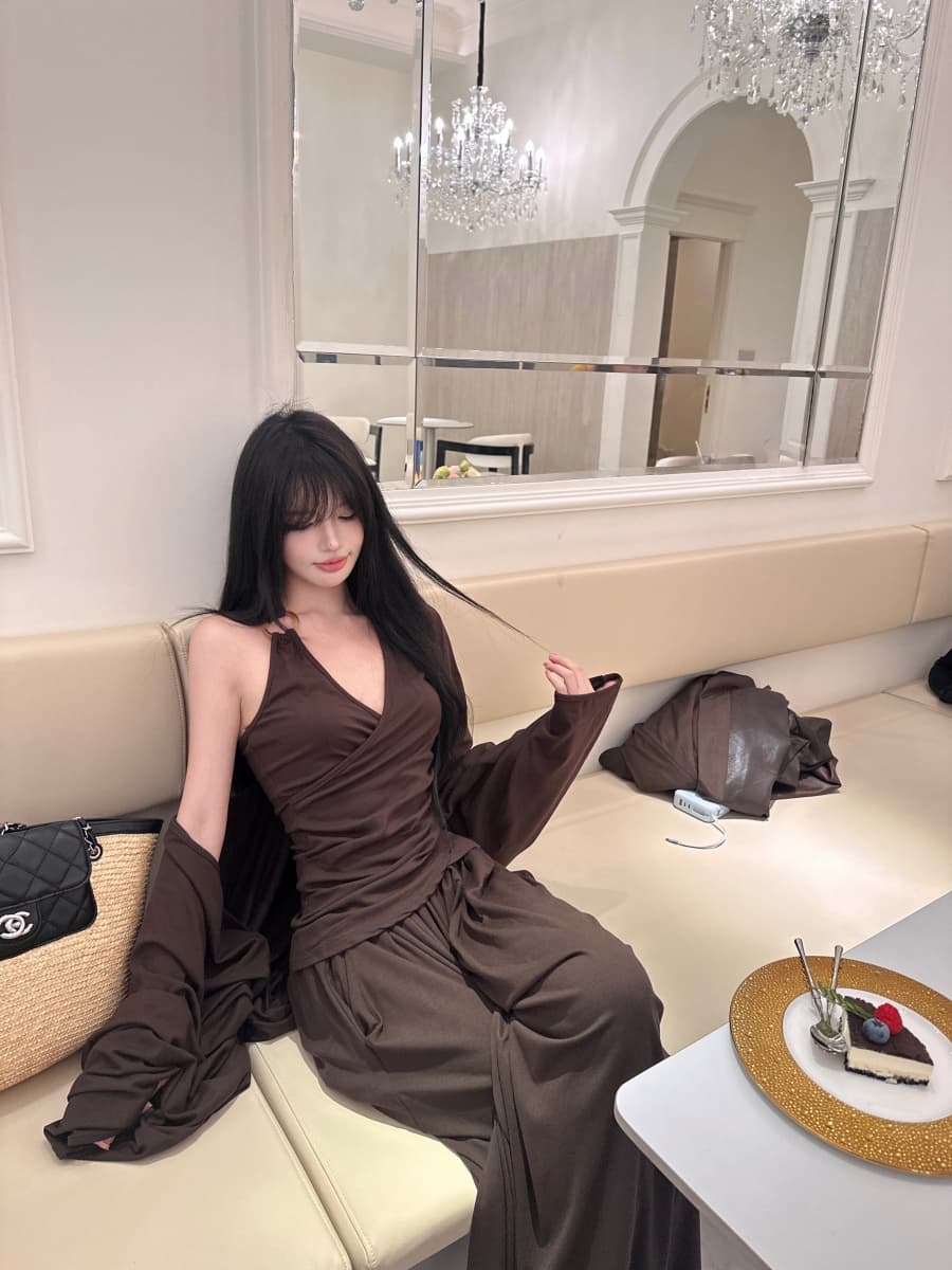 실사 정가 무거운 작업 느긋한 바람 레트로 세트 행침 목 조끼 루즈핏 오픈 가디건 도루 센스 하이웨이스트 와이드 레그 팬츠 상세 이미지 6