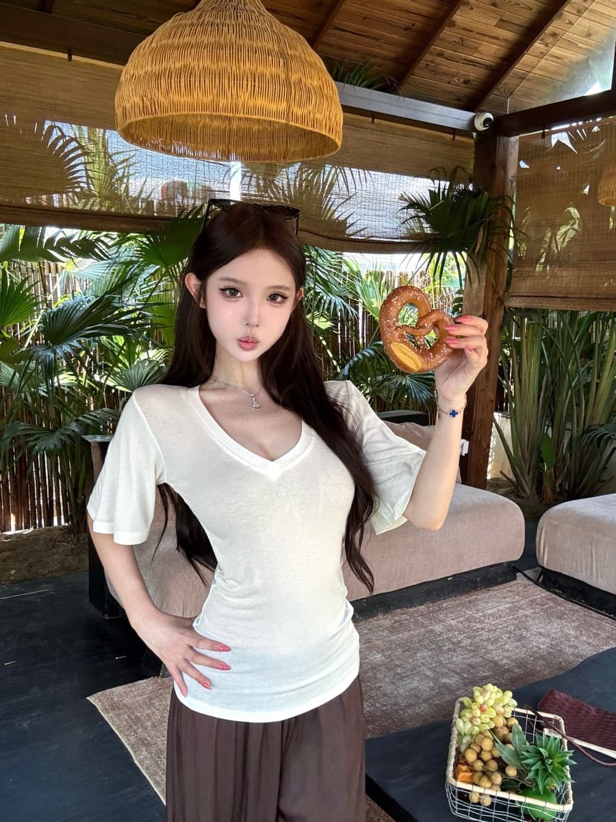 실사 정가 V넥 반팔 티셔츠 여름 슬림해 보이는 다용도 맨위 루즈핏 스트레이트 바닥 청소 바지 상세 이미지 3
