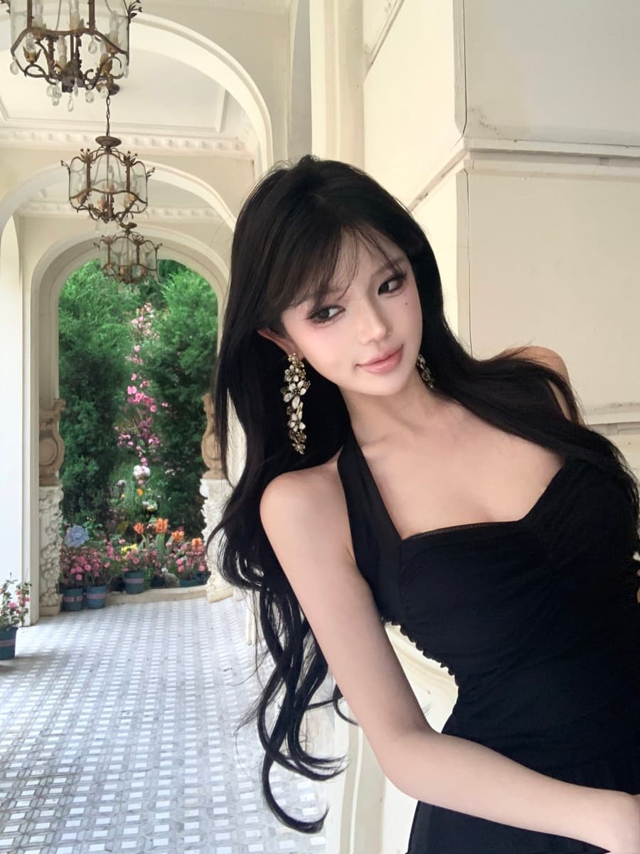 실사 정가 검정색 섹시함 망사 행침 목 드레스 가슴 패드 허리 수축 핀치 주름 백리스 롱 스커트 상세 이미지 4