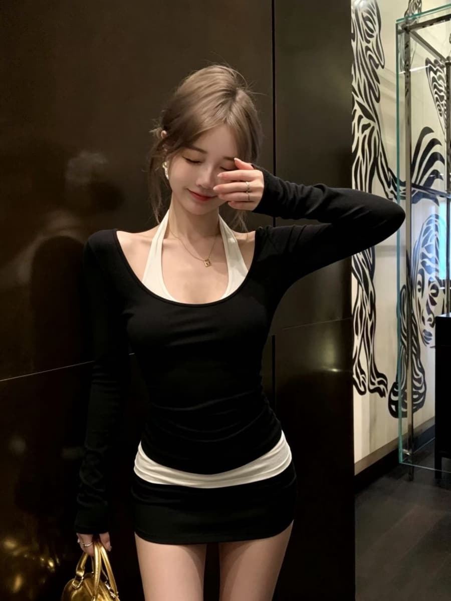 실사 정가 스택 가져 가라. buff 검정색 사실 두 조각 티셔츠 몸매 가꾸기 맨위 쇼트 스타일 타이트 스커트 반 스커트 세트 상세 이미지 5
