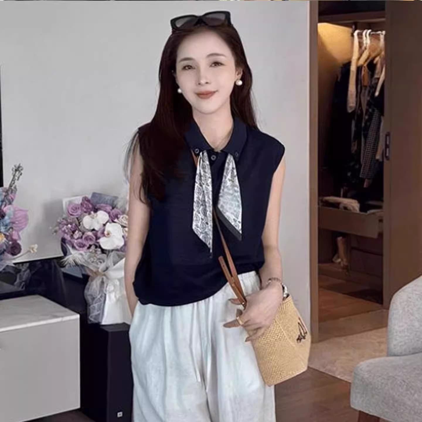 프랑스식 스카프 POLO 칼라 민소매 티셔츠 여성 2025 새로운 여름 루즈핏 슬림해 보이는 패션 연령 감소 캐주얼 맨위 이미지 5