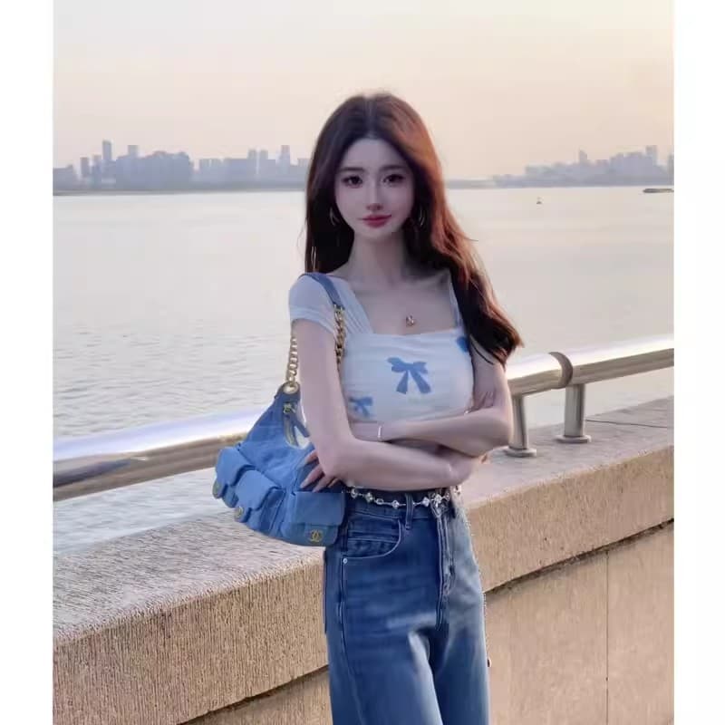 여름 ootb 기타 아민 바 착용 가져 가라. 광장 칼라 반팔 티셔츠 여성 여름 몸매 가꾸기 Chic 고유 한 슈퍼 잘 생긴 작은 맨위 이미지 3