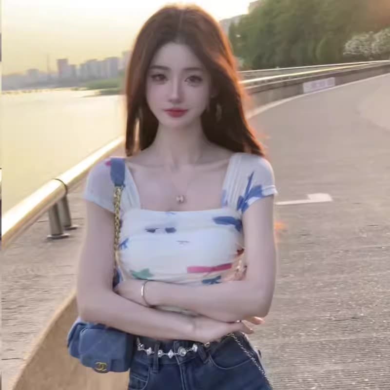 여름 ootb 기타 아민 바 착용 가져 가라. 광장 칼라 반팔 티셔츠 여성 여름 몸매 가꾸기 Chic 고유 한 슈퍼 잘 생긴 작은 맨위 상세 이미지 3