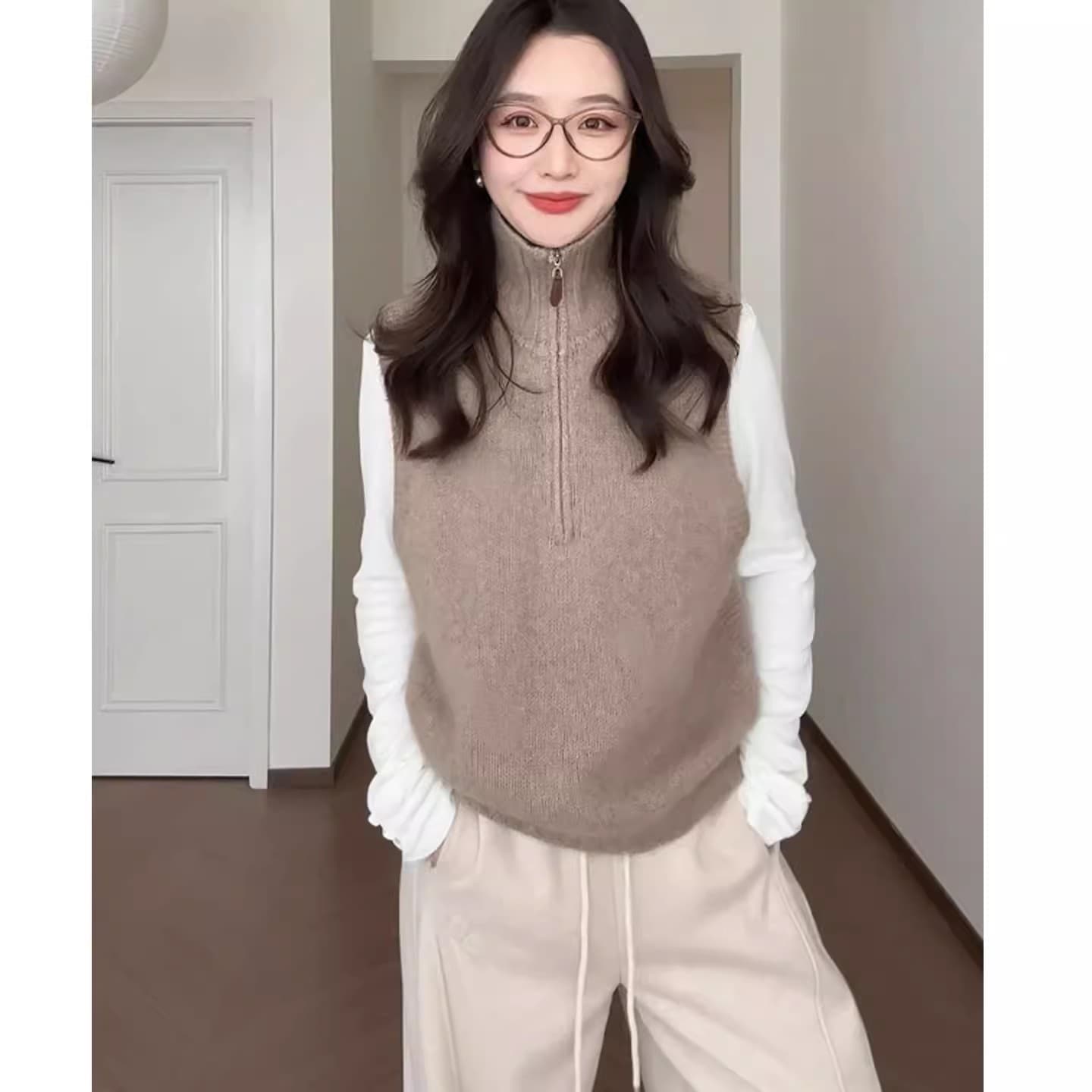 하프 지퍼 터틀넥 스웨터 여자 2025 새로운 가을 겨울 루즈핏 느긋한 고급 센스 스택 착용 인사이드 가져 가라. 만나는 니트 스웨터