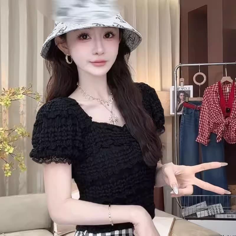 검정색 레이스 측면 광장 칼라 버블 반팔 티셔츠 여성 여름 디자인 센스 작은 대중 몸매 가꾸기 슬림해 보이는 고유 한 아름다운 맨위 상세 이미지 3