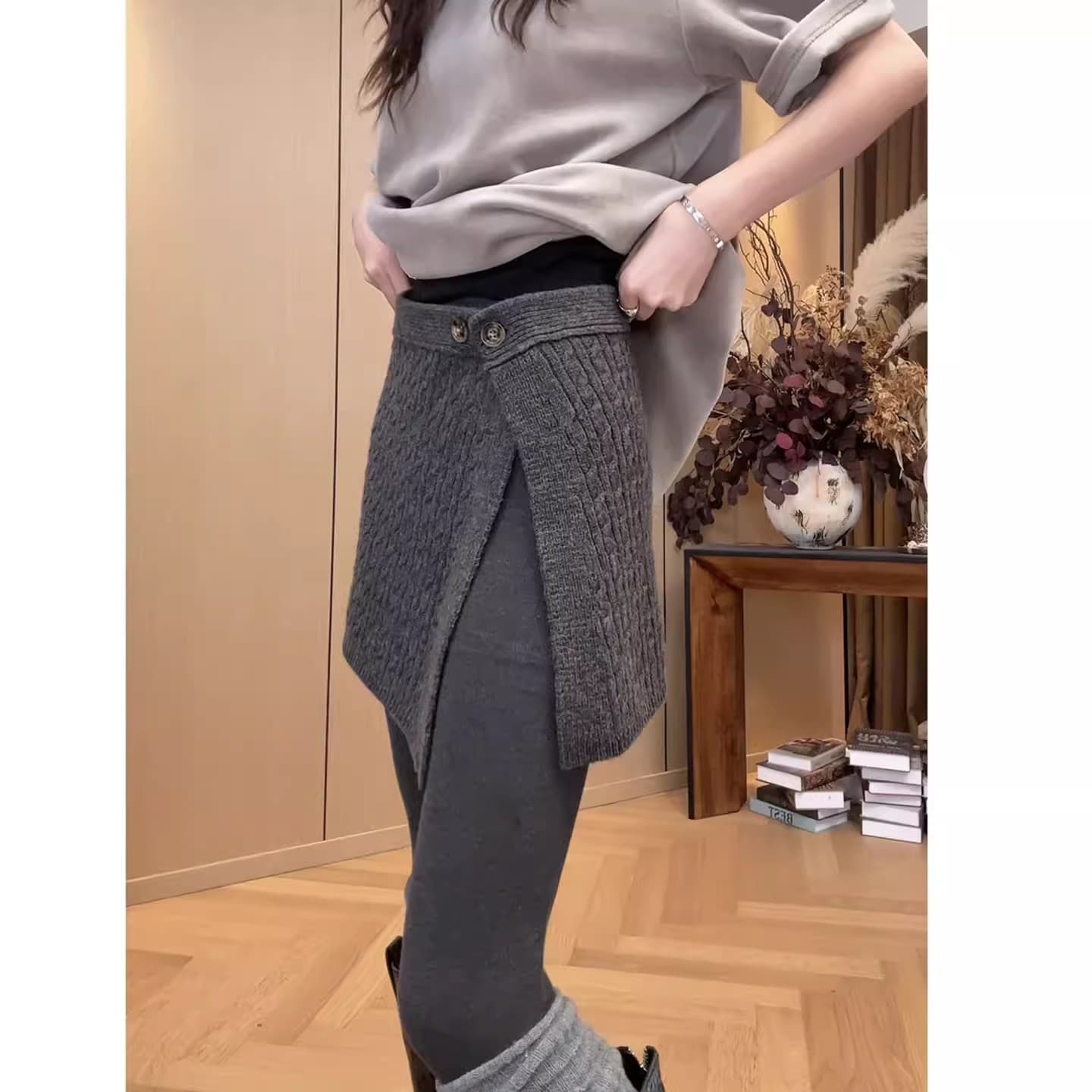 한 부서 패션 회색 단추 꽈배기 니트 랩스커트팬츠 여성 가을 겨울 디자인 센스 작은 대중 하이웨이스트 스택 착용 반신 치마 상세 이미지 4