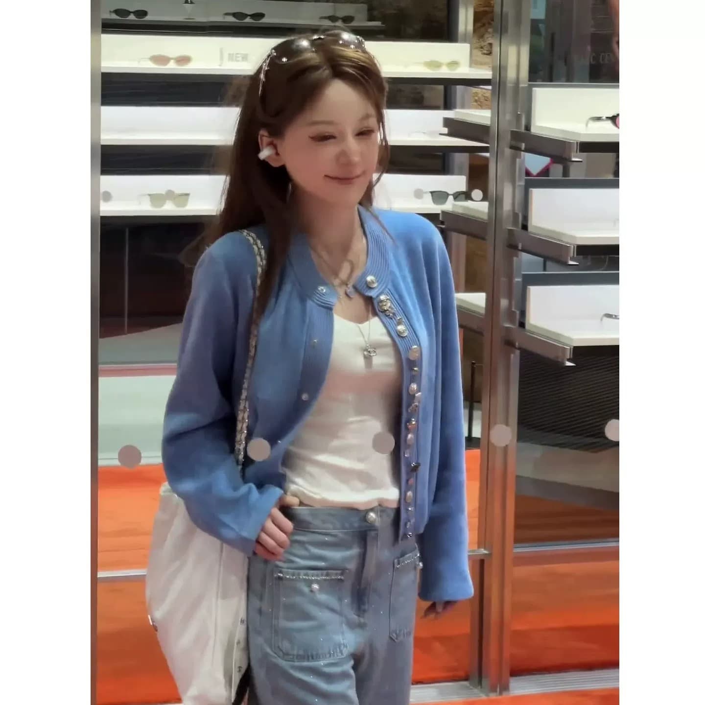 파란색 긴팔 니트 오픈 가디건 여성 봄 가을 루즈핏 느긋한 바람 부드러운 찹쌀 고급 센스 쇼트 스타일 스웨터 코트 맨위 이미지 4