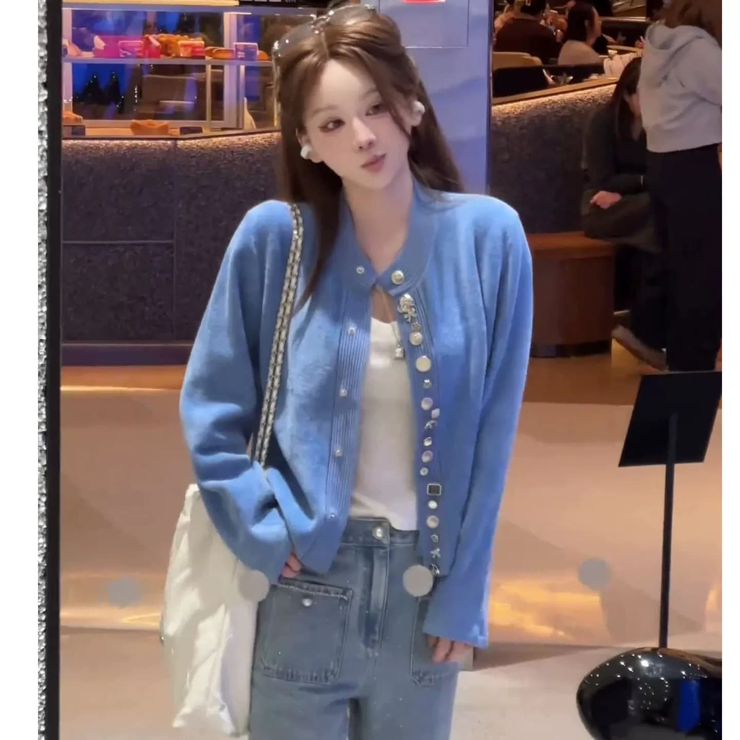 파란색 긴팔 니트 오픈 가디건 여성 봄 가을 루즈핏 느긋한 바람 부드러운 찹쌀 고급 센스 쇼트 스타일 스웨터 코트 맨위 상세 이미지 1