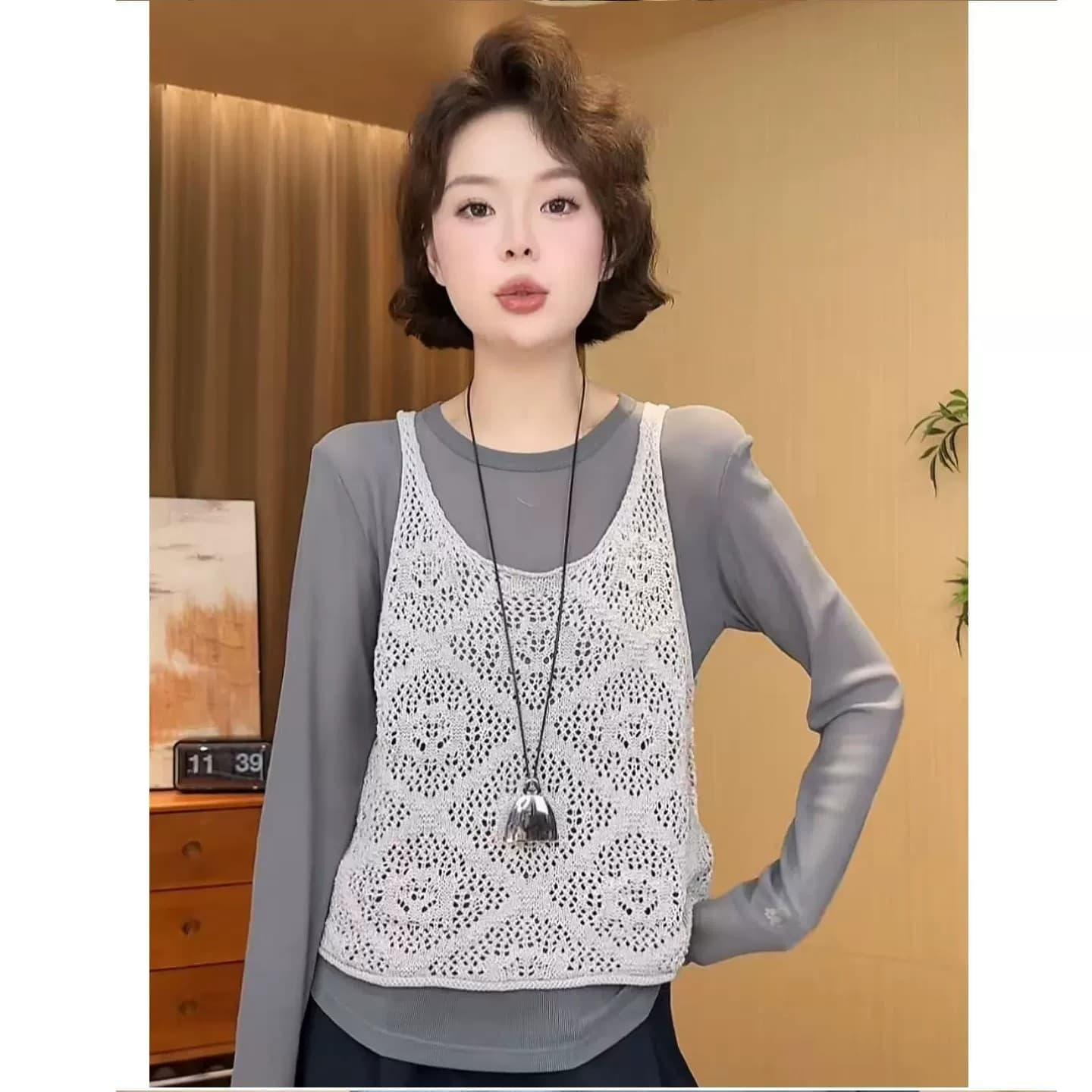 고급 센스 홀로우 아웃 니트 스웨터 캐미솔 2026 여름 새로운 루즈핏 슬림해 보이는 스택 착용 외출용 민소매 맨위 이미지 5