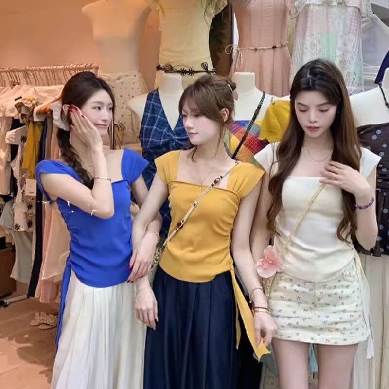 파란색 주름 허리 수축 같이 갔다. 벨트 측면 칼라 캐미솔 여름 외출용 몸매 가꾸기 슬림해 보이는 문단 후안 핫걸 착용 잡아라. 의류 상세 이미지 1