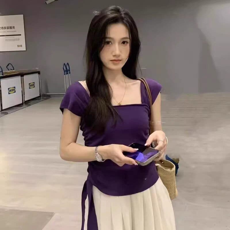 파란색 주름 허리 수축 같이 갔다. 벨트 측면 칼라 캐미솔 여름 외출용 몸매 가꾸기 슬림해 보이는 문단 후안 핫걸 착용 잡아라. 의류 상세 이미지 2