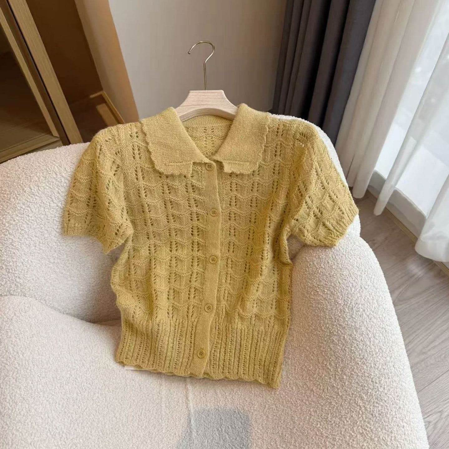 작은 샤넬 스타일 부드러운 품격 홀로우 아웃 베이비 칼라 니트 오픈 가디건 여성 여름 루즈핏 슬림해 보이는 연령 감소 반팔 맨위 얇은 상세 이미지 1