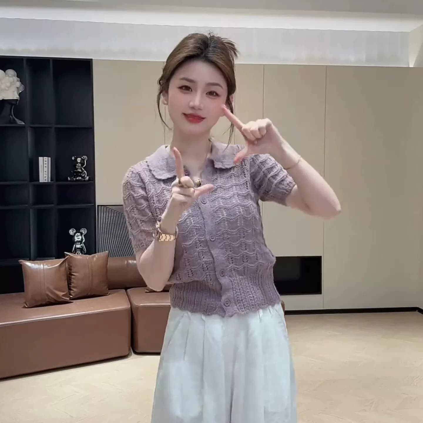 작은 샤넬 스타일 부드러운 품격 홀로우 아웃 베이비 칼라 니트 오픈 가디건 여성 여름 루즈핏 슬림해 보이는 연령 감소 반팔 맨위 얇은 상세 이미지 5