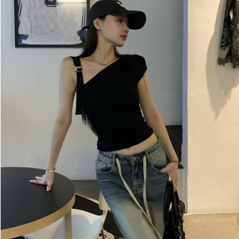 순수한 욕망 고유 한 디자인 센스 불규칙 오프숄더 티셔츠 여성 여름 허리 수축 몸매 가꾸기 화이트 비스듬한 칼라 달콤한 핫걸 맨위 상세 이미지 2
