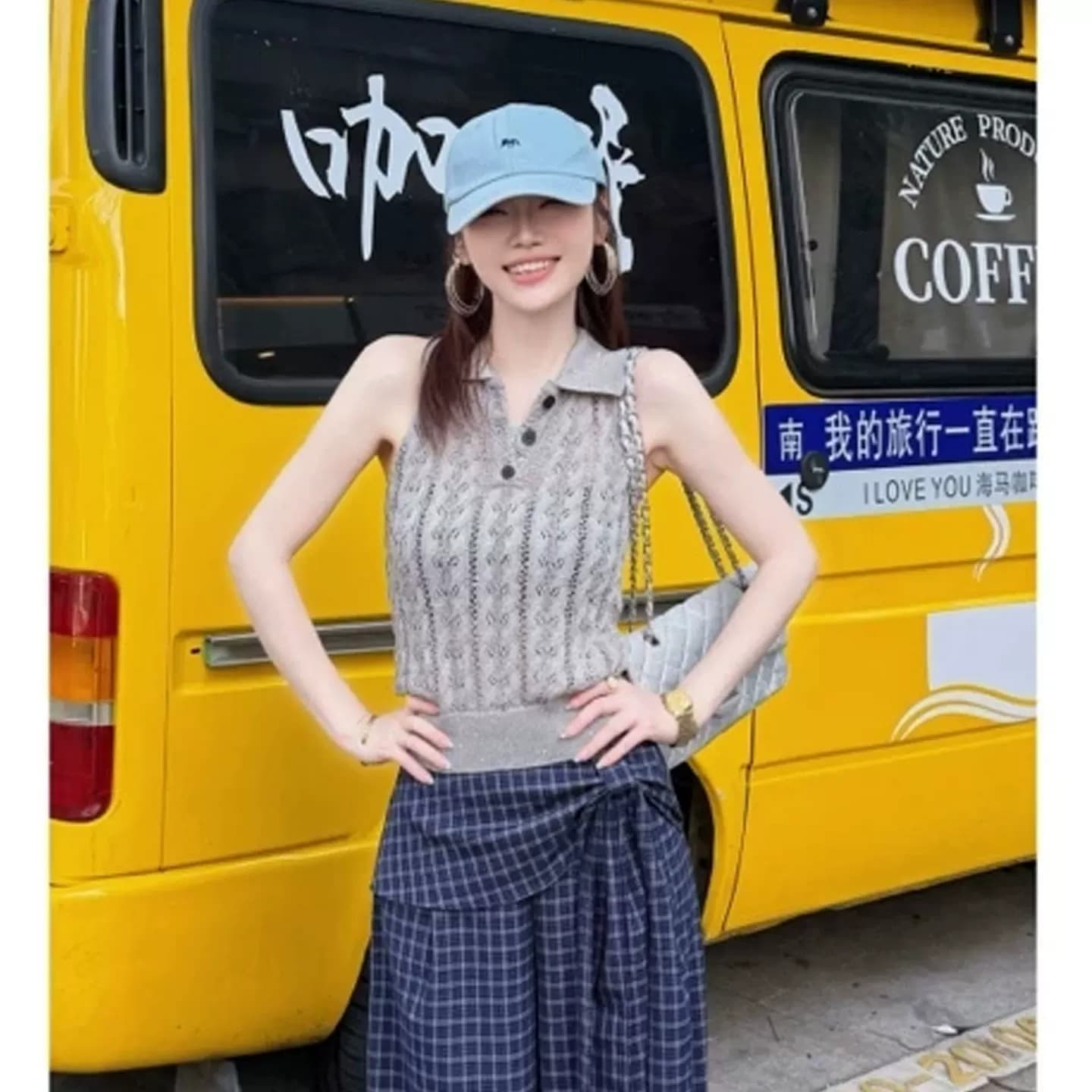 태국 사람 스타일 녹색 POLO 칼라 홀로우 아웃 니트 조끼 여성 여름 외출용 얼음 실크 질감 핫걸 고유 한 쇼트 스타일 맨위 이미지 4